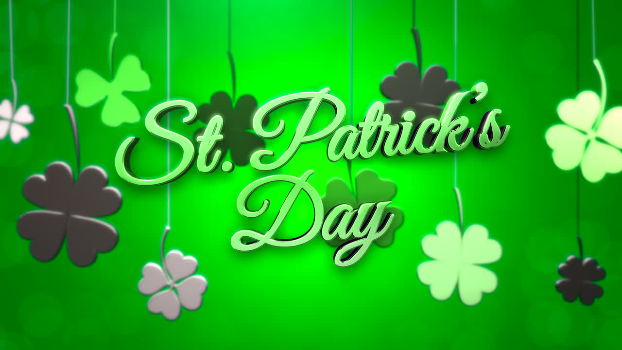 Giorno di San Patrizio con trifogli irlandesi appesi su gradiente verde