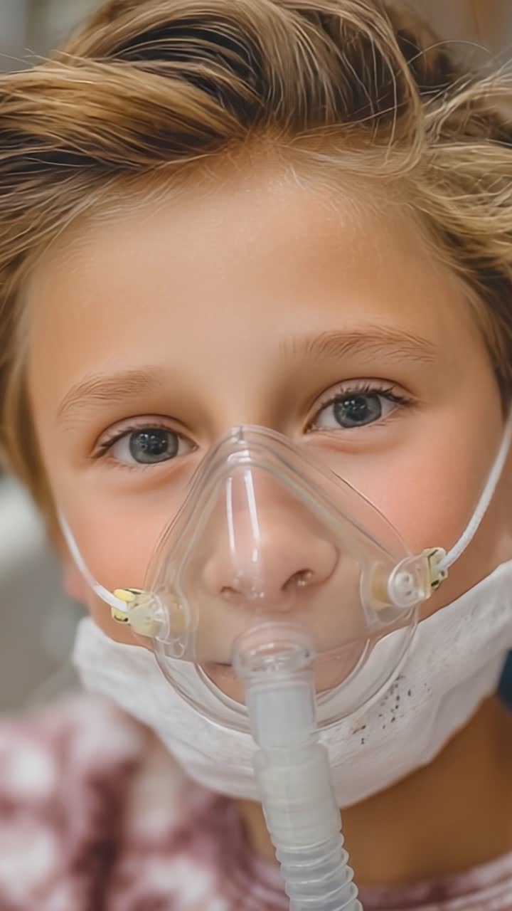 Un bambino viene sottoposto a osservazione medica con una maschera respiratoria, mostrando emozioni di coraggio e resilienza tra le sfide sanitarie.