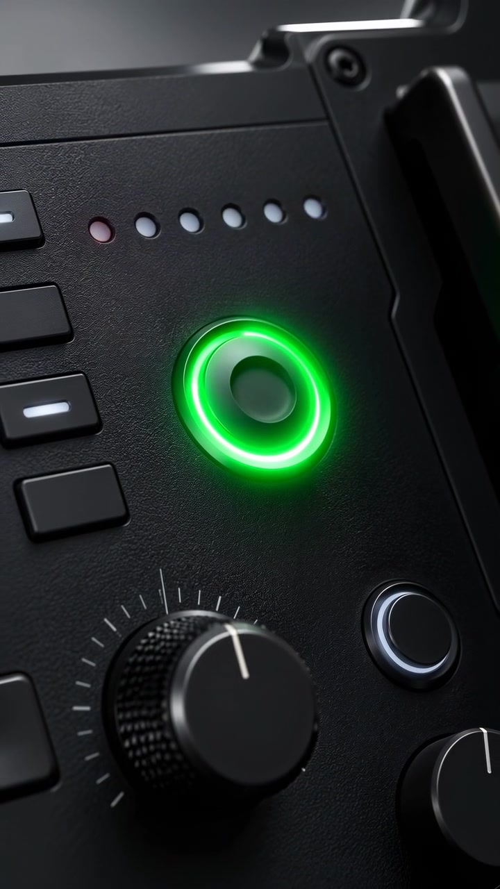 Close vertical view shows finger contacting illuminated green control while rainbow indicator row goes dark, then two red status lights appear above textured dials and square keys.