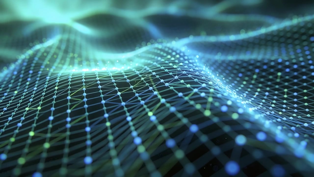 Pulsing mesh grid rippling across dark void, crest forming as camera dollying, with glowing nodes