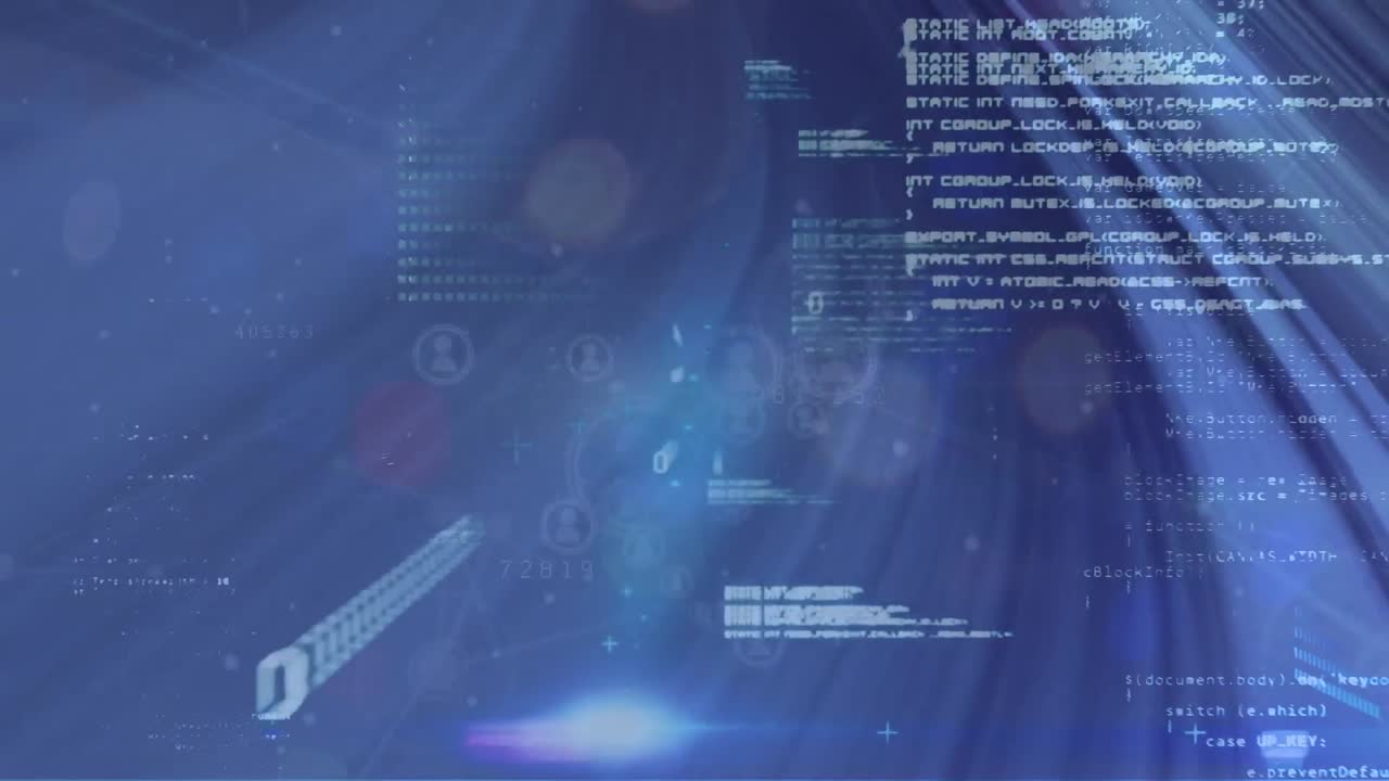 추상적인 배경 위에 프로필 아이콘, 바이너리 코드 및 컴퓨터 언어의 애니메이션