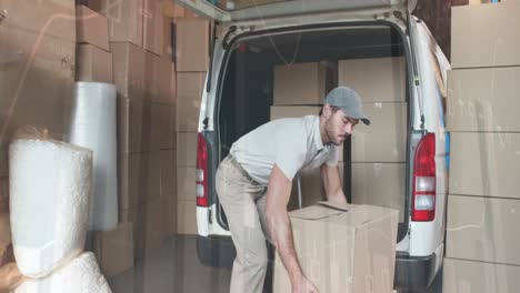 animation of financial data processing over delivery man loading up car outside of warehouse