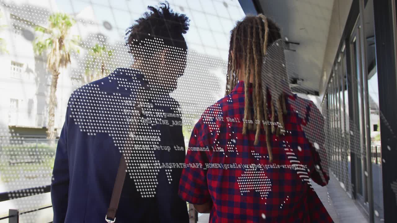 Two men walking glass walkway digital map overlay appearing and layering phone while reviewing code