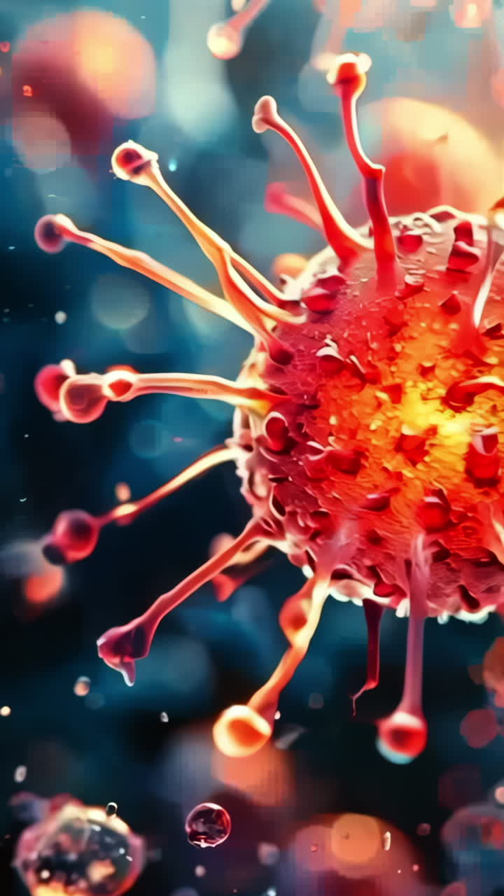 A close up of a virus with red and pink colors. The virus is surrounded by a blue background