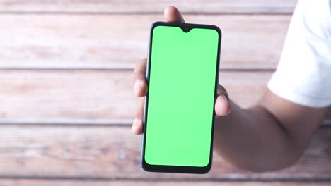 person holding a smartphone with a green screen