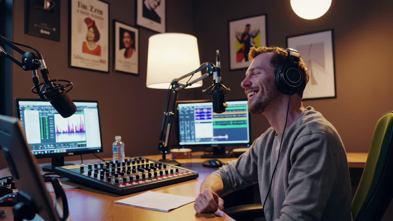 presentador de podcast en un estudio de radio moderno