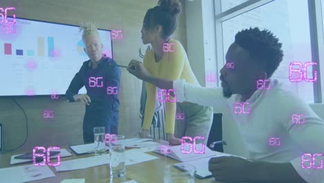 animation of multiple 6g texts over diverse coworkers discussing reports over television in office