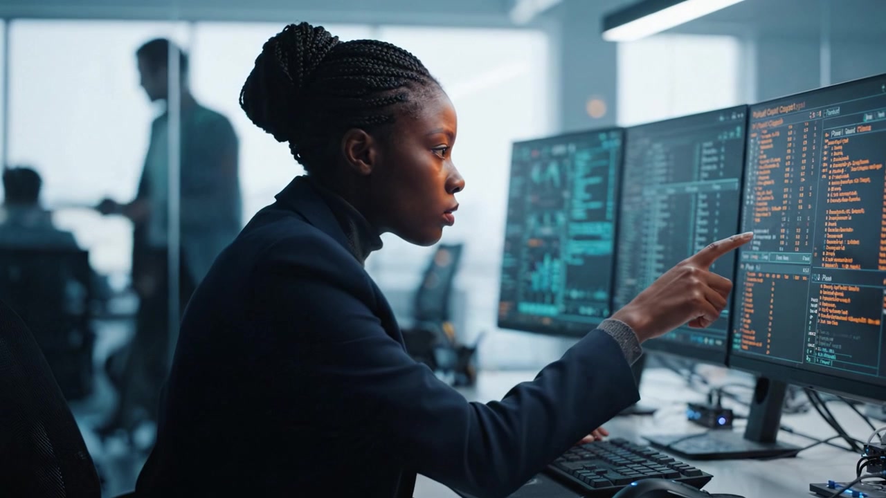 Focused Professional Analyzing Data with Multiple Monitors in a Modern Office Environment, Showcasing Concentration and Technical Expertise in Data Management.