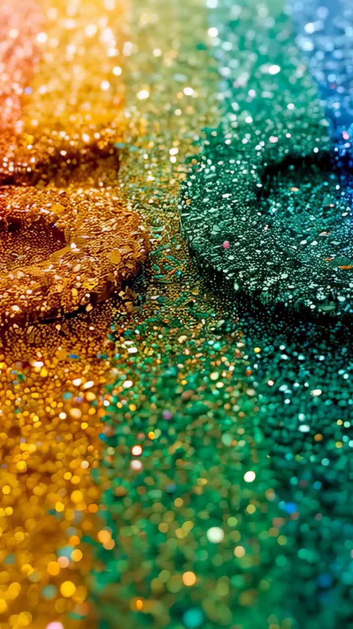 Vertical video: Focus pull moving camera shifting focus at tabletop, showing glitter and two disks