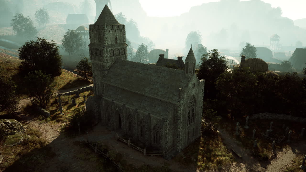 iglesia medieval en un pueblo de fantasía