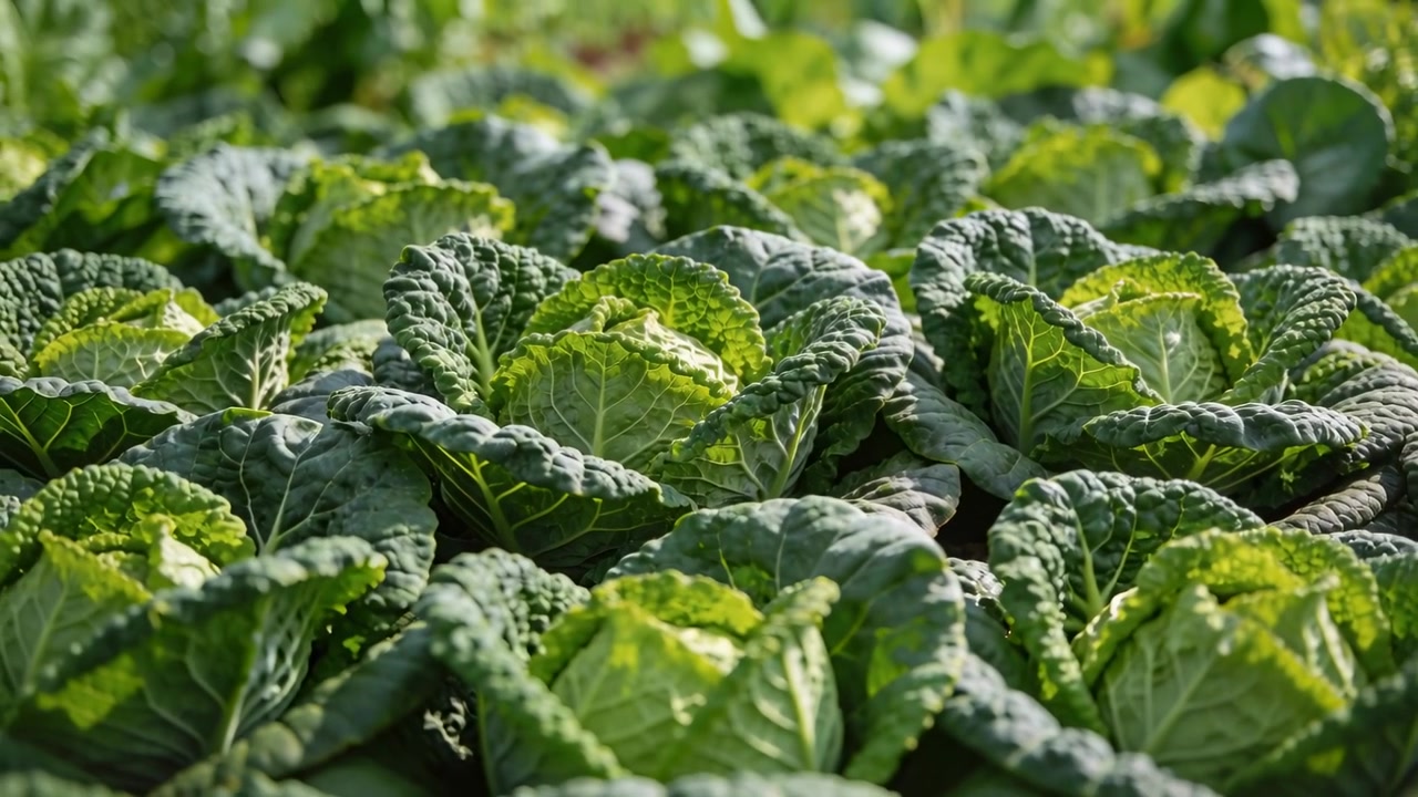 Moving low angle camera revealing savoy cabbage heads in farm bed, showing soil and receding rows