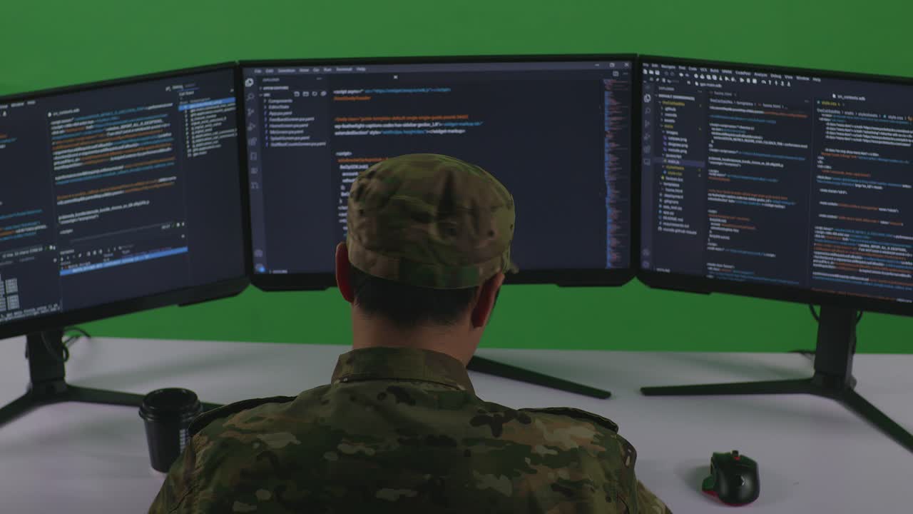 Back View Of Asian Man Soldier Developer Having Headache While Write Code With Multiple Computer Screens In Green Screen Studio