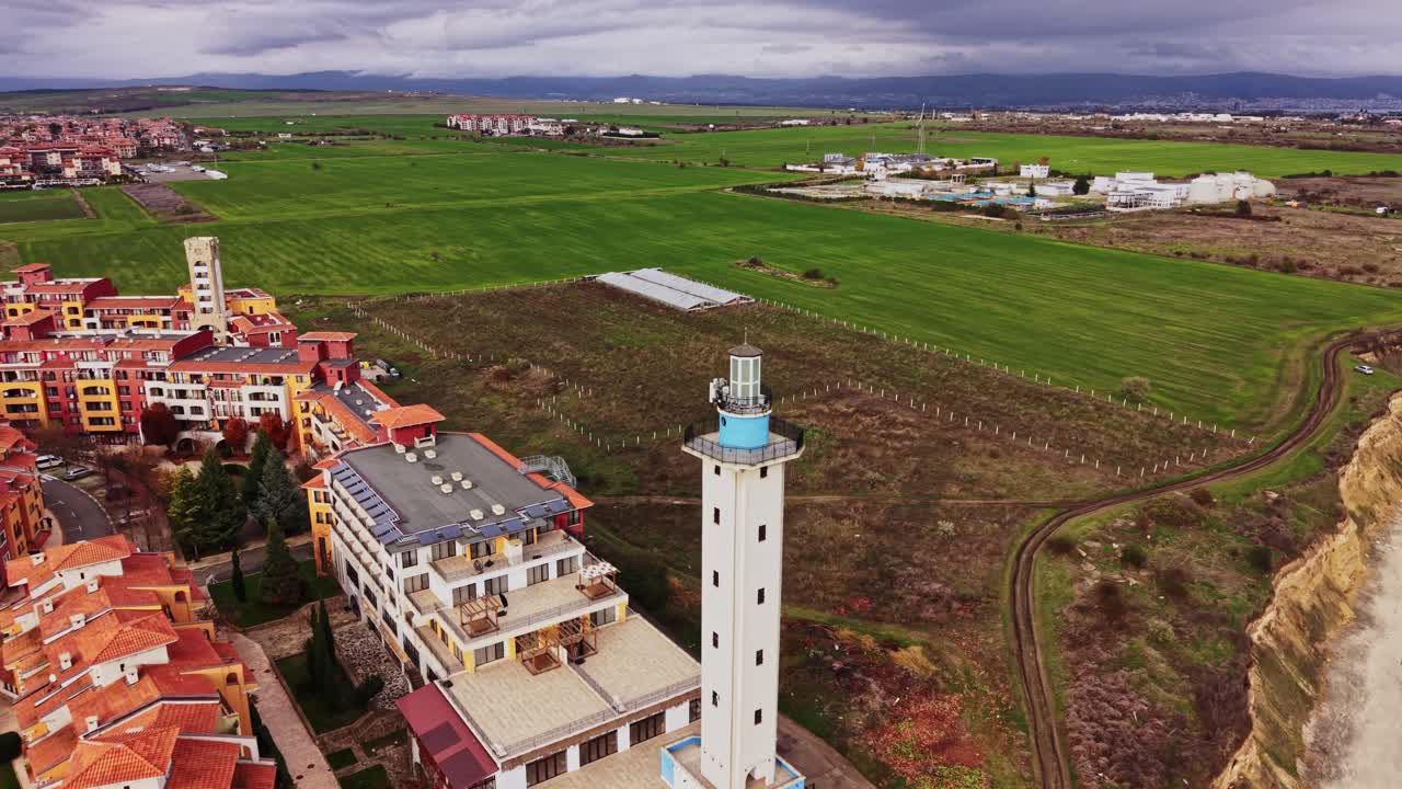 Drone view of coastal area with lighthouse in Bulgaria