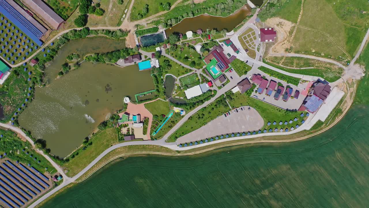 Large Resort Complex. Top down aerial view of the pool and resort complex