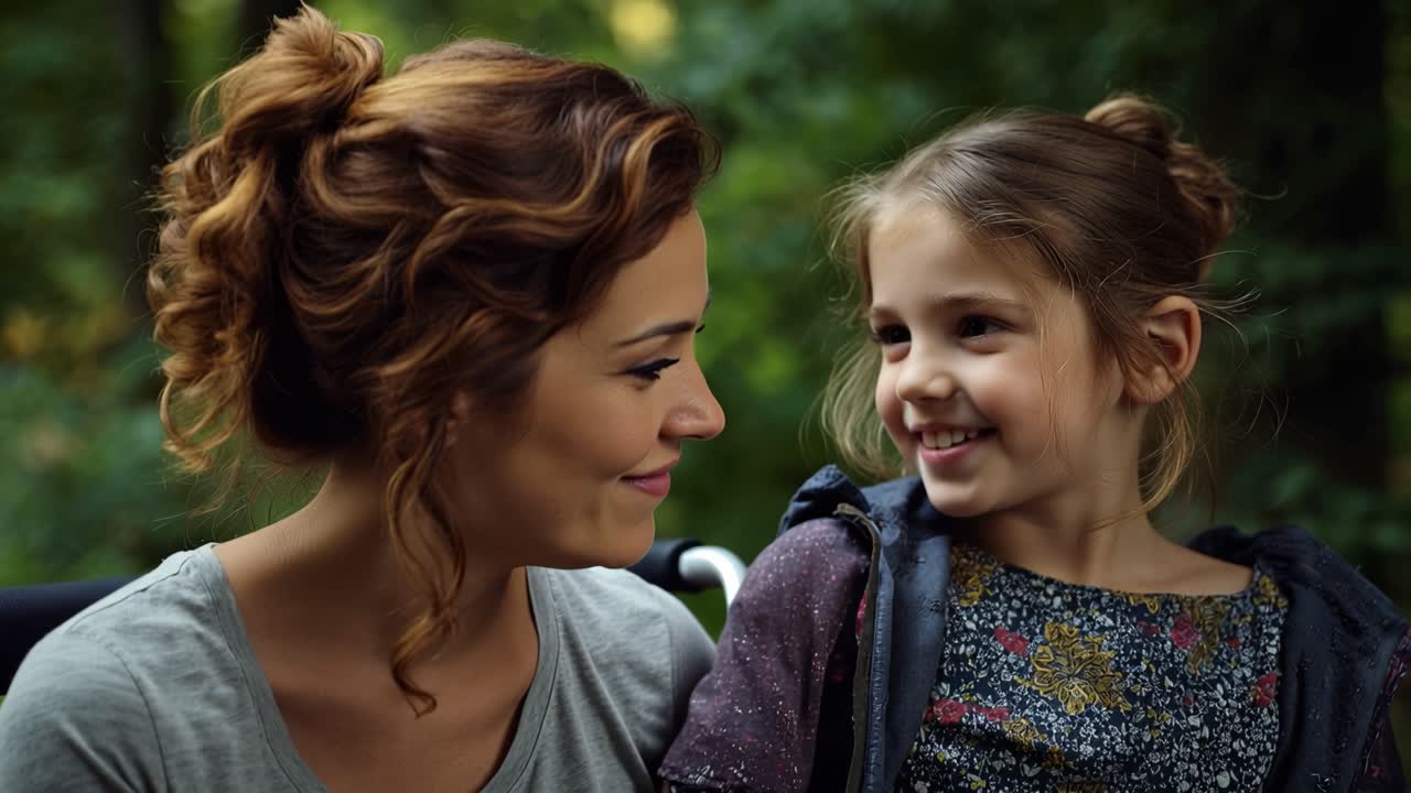 Madre e figlia si scambiano un tenero bacio in una foresta. La bambina sorride luminosamente, gli occhi che brillano di gioia. La luce solare soffusa filtra attraverso gli alberi dietro di loro.