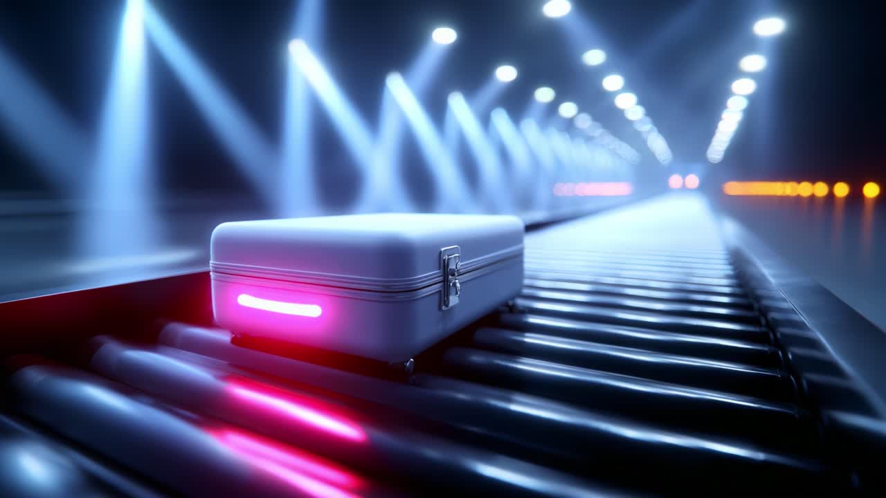 A sleek, modern white suitcase gliding effortlessly along a high-tech conveyor belt illuminated by vibrant blue and red lighting, capturing the essence of innovation and futurism in a captivating scene