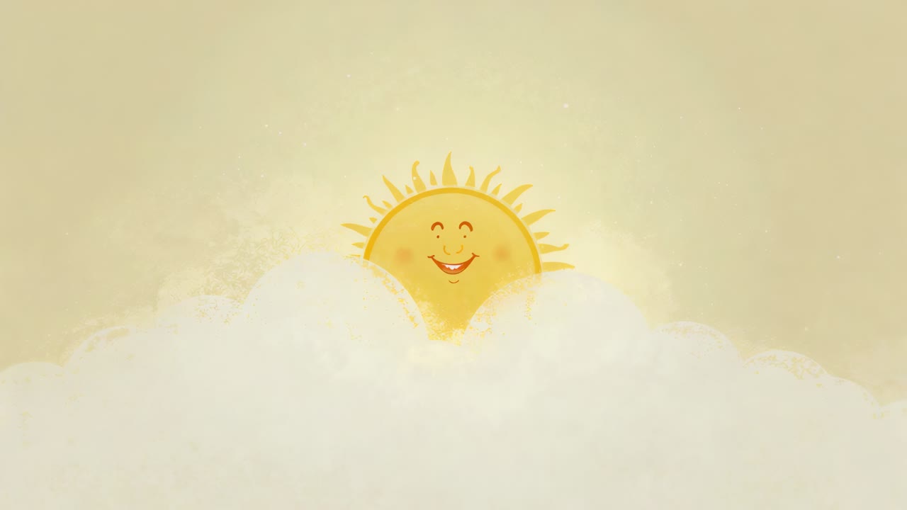 Peeking smiling anthropomorphic sun rising above cloud bank at dawn, bringing morning light