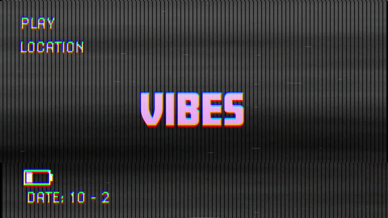animación digital de glitch vhs efecto sobre vibraciones texto contra fondo negro