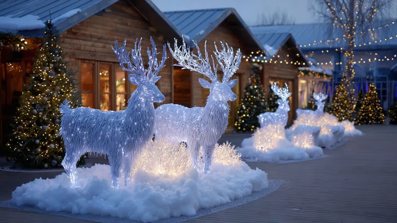 Enchanting Winter Scene with Illuminated Reindeer Decorations and Festive Holiday Trees in a Cozy Cabin Setting, Captured at Twilight with Sparkling Lights