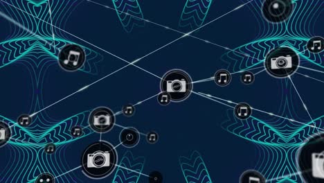 animation of network of digital icons over green kaleidoscopic patterns against blue background