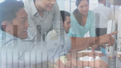 Animation-of-bar-graph-over-asian-colleagues-discussing-at-computers-in-office