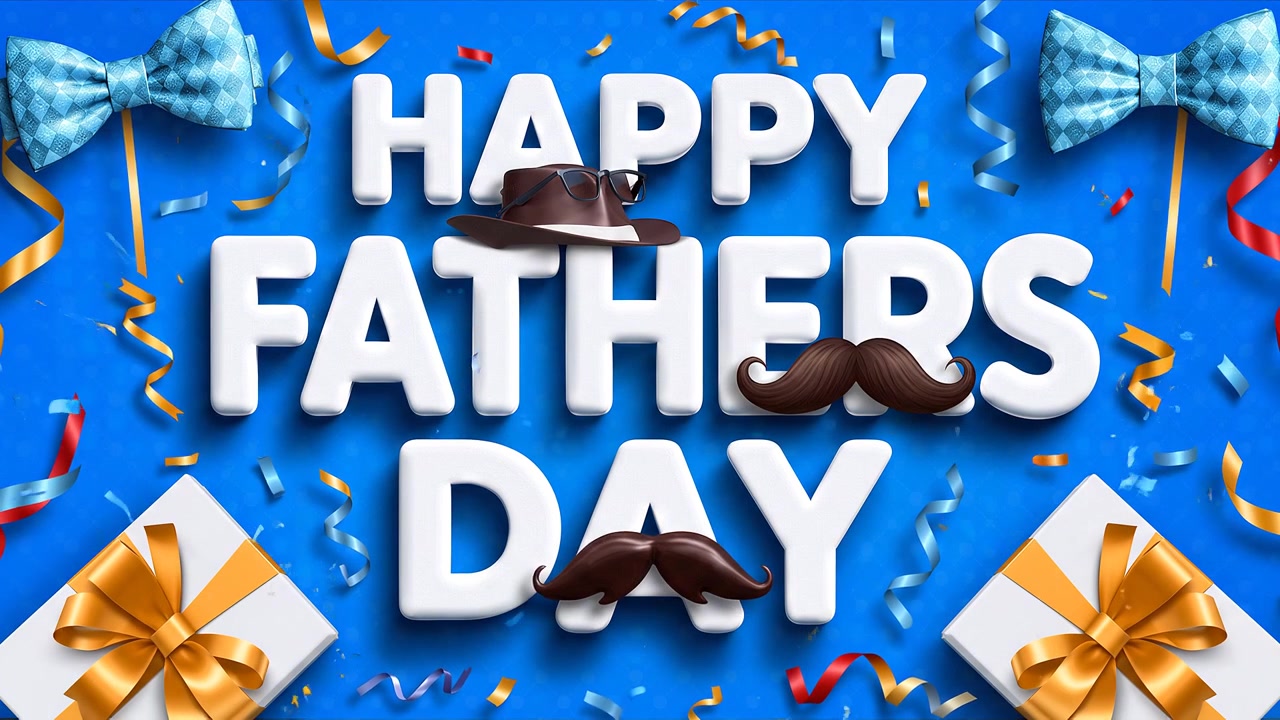 Animación de tipografía blanca premium de Feliz Día del Padre sobre fondo azul de celebración.