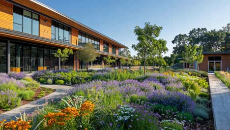 modern building with lush landscaped garden and lavender flowers