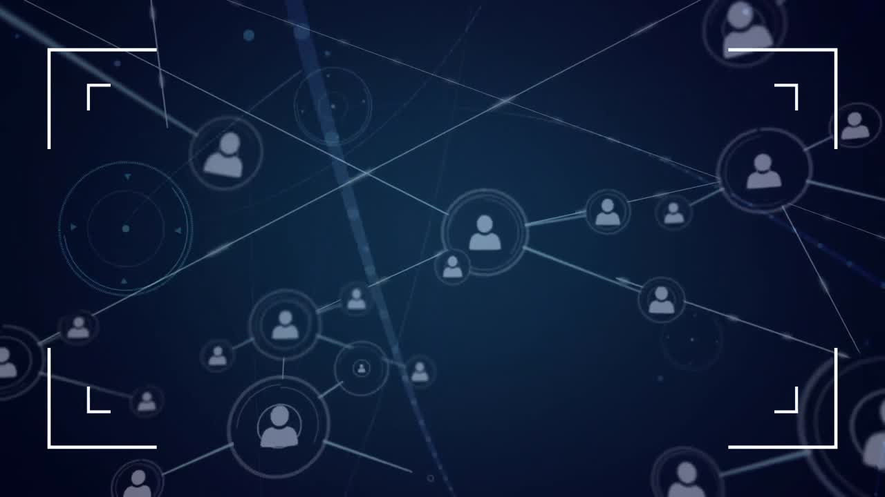 Network of data and connections on dark blue background