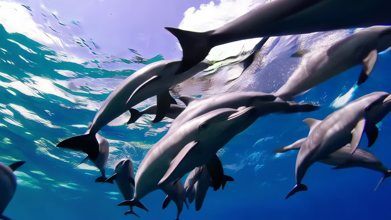 A pod of dolphins swimming gracefully underwater