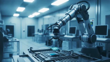advanced robotic arm manipulating microchip in cutting-edge laboratory, showcasing precision automation and innovative technology in modern electronics fabrication