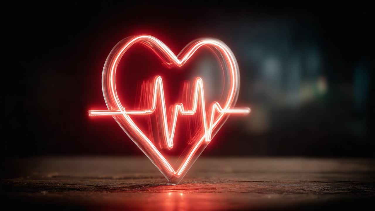 A Vibrant Red Heart with Pulse Wave Forming a Stunning Neon Artwork Symbolizing Love and Life in a Creative Visual Display