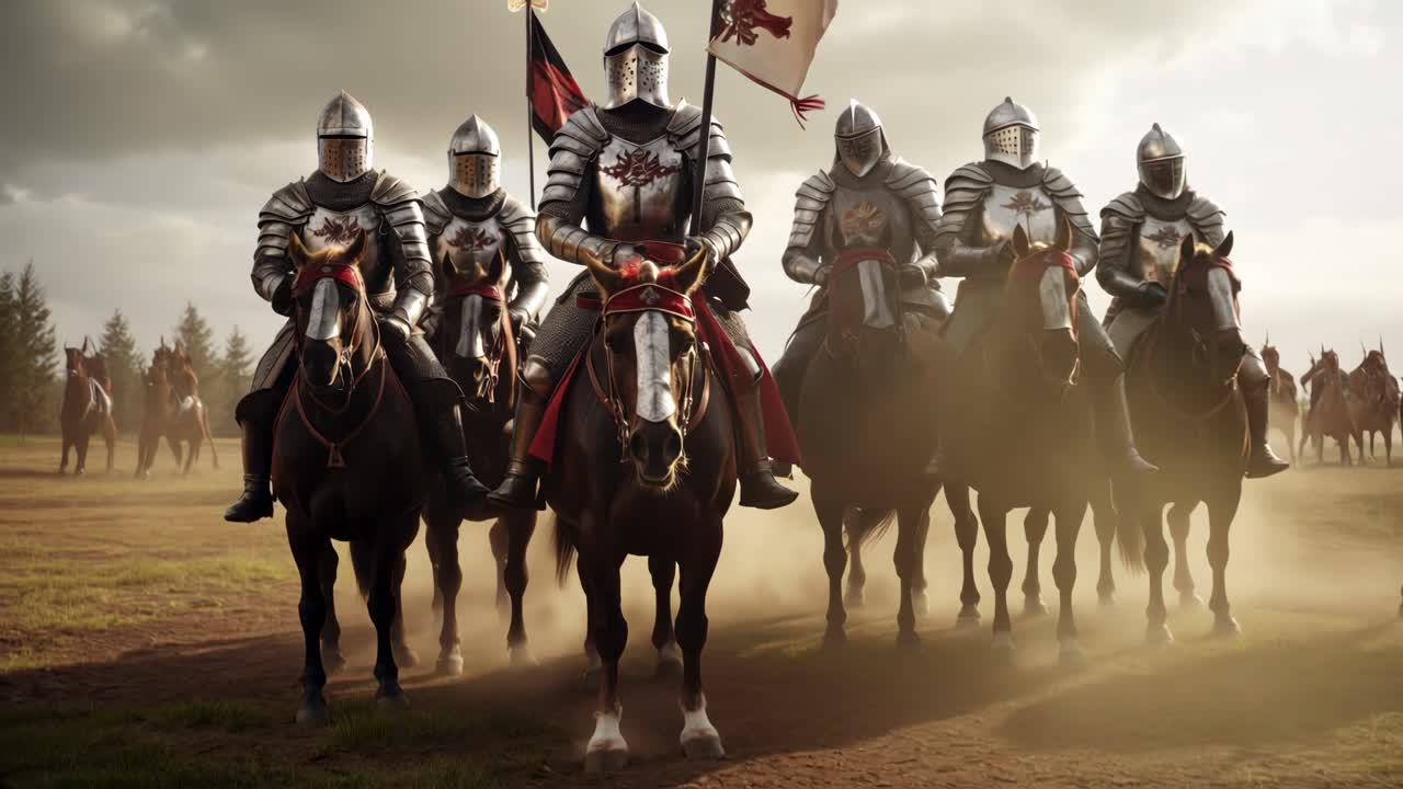 Epic medieval knights on horseback, captured from a low-angle, creating a cinematic video feel