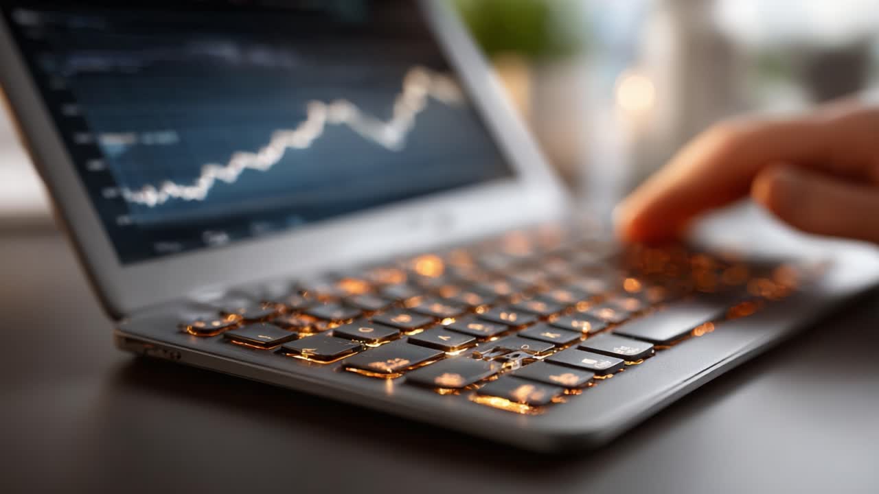 A close-up view of a laptop keyboard showcasing a user typing, with financial graphs displayed in the background, highlighting technology and productivity in a modern workspace