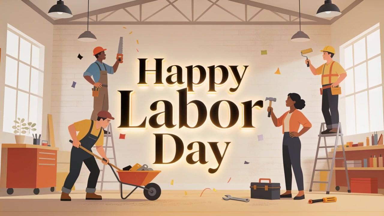 Opening shot showing crew in hard hats, vests nudging wheelbarrow, sawing, painting Happy Labor Day
