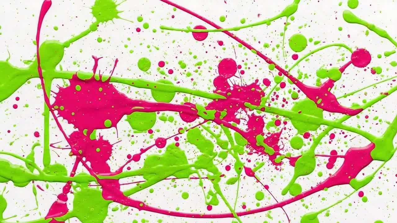 Vibrant Explosion of Color: Abstract Art Featuring Neon Green and Pink Paint Splashes on a Bright White Canvas