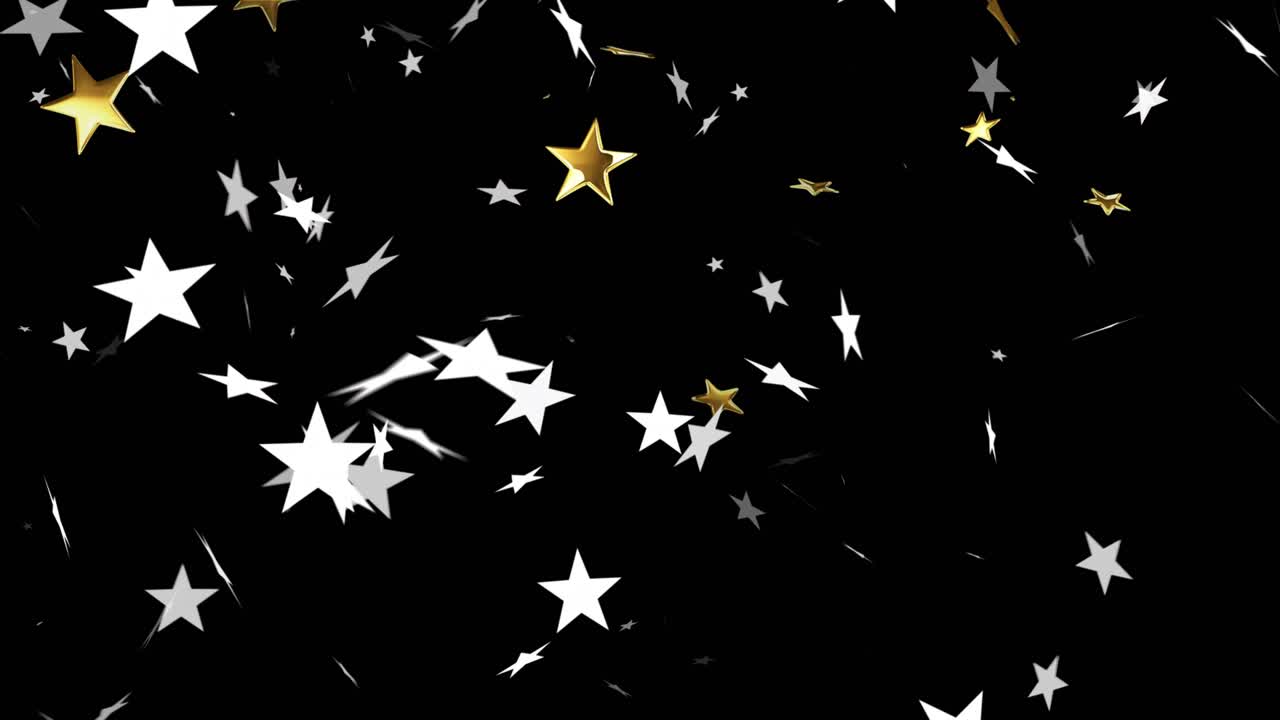 On start white stars scattering into frame, density rising, gold stars rotating, filling black void