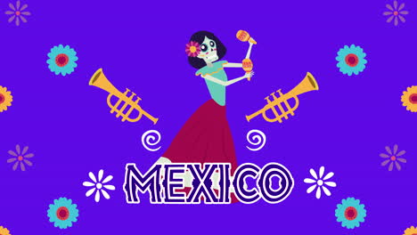 viva mexico animation with catrina skull playing maracas character