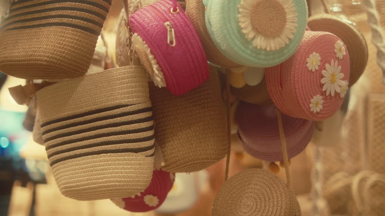Cappelli esposti in un accogliente stand del mercato con luci calde e trame intrecciate
