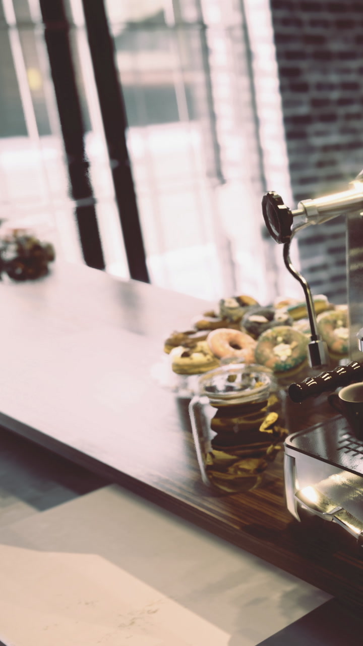 Coffee shop scene with pastries and brewing equipment at a busy time