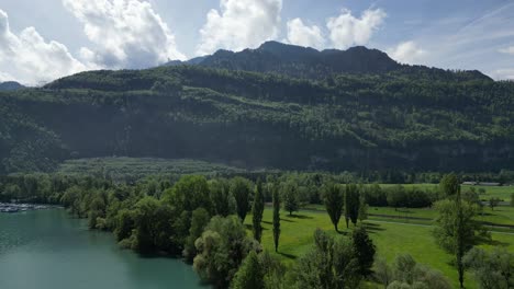 Beautiful-lush-green-forests-and-pastures-adorning-Swiss-landscape,aerial