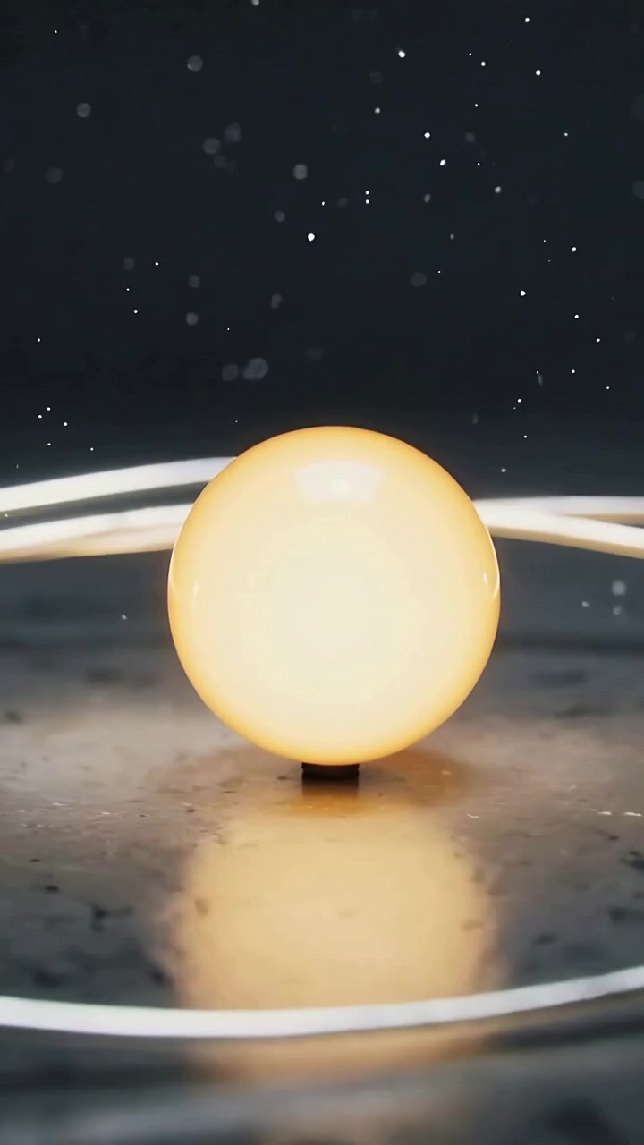 Video verticale: Entrando nella giusta traiettoria, sfere metalliche lucide orbitano attorno a una lampada calda su un tavolo, creando un bagliore