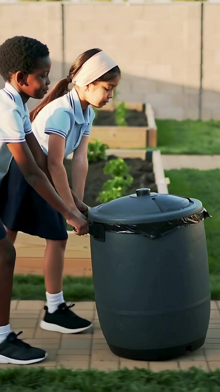 Vertical video: Reaching bin, two kids in blue polos pushing gray barrel at school