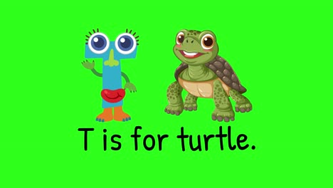 green screen animation with a turtle and character illustrating the letter t. bright colors and simple design enhance educational appeal