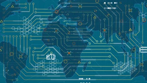 Animation-of-computer-circuit-board-over-world-map-on-blue-background