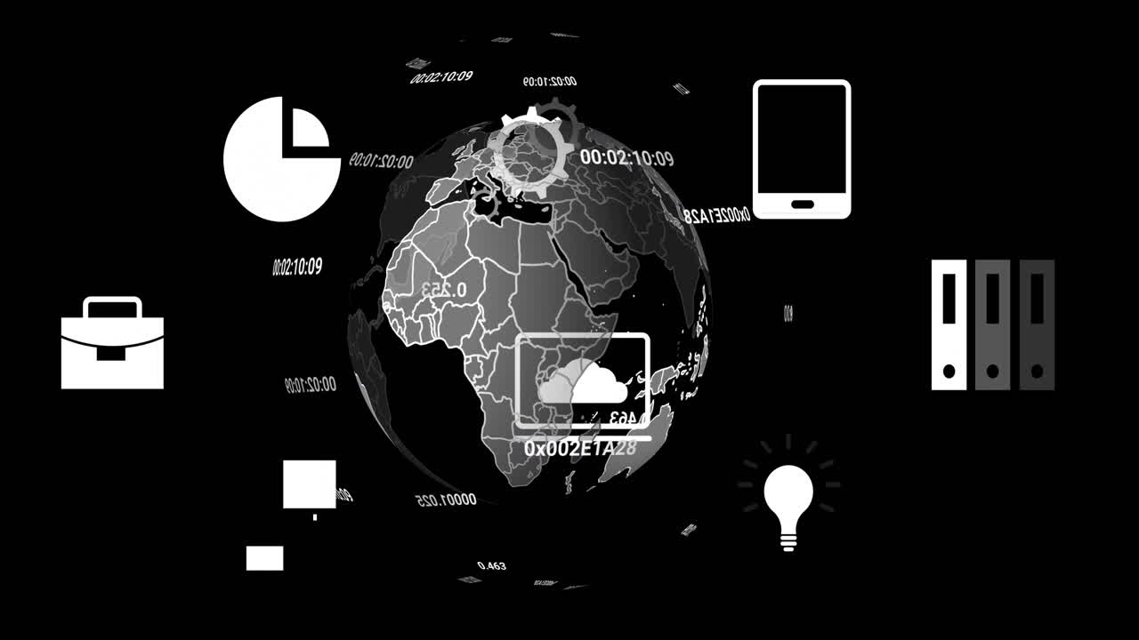 Animation of digital data processing and globe over black background