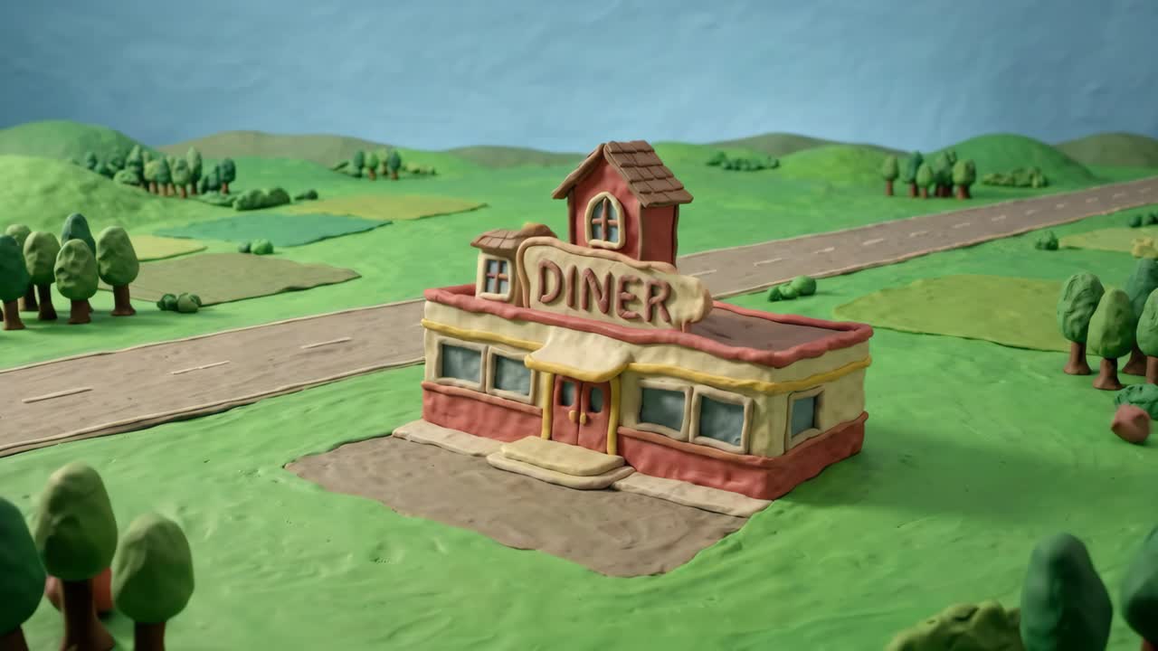 Claymation-restaurangbyggnad som smälter och omformas i miniatyrlandskap