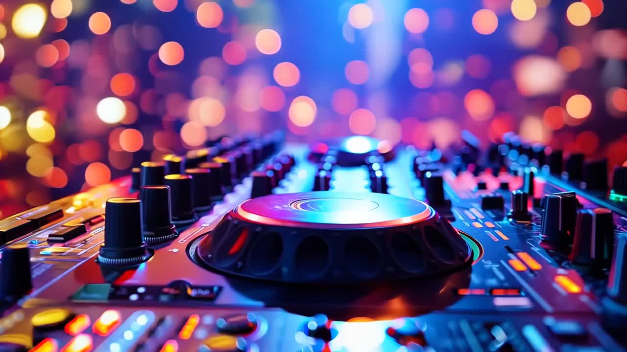 un primer plano de un mezclador de dj frente a un fondo colorido