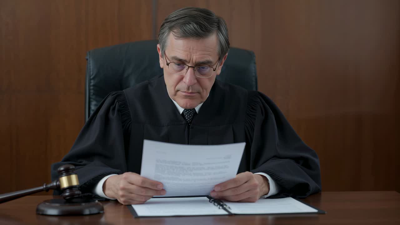 Reviewing senior judge wearing black robe and glasses, reading printed page at bench with gavel