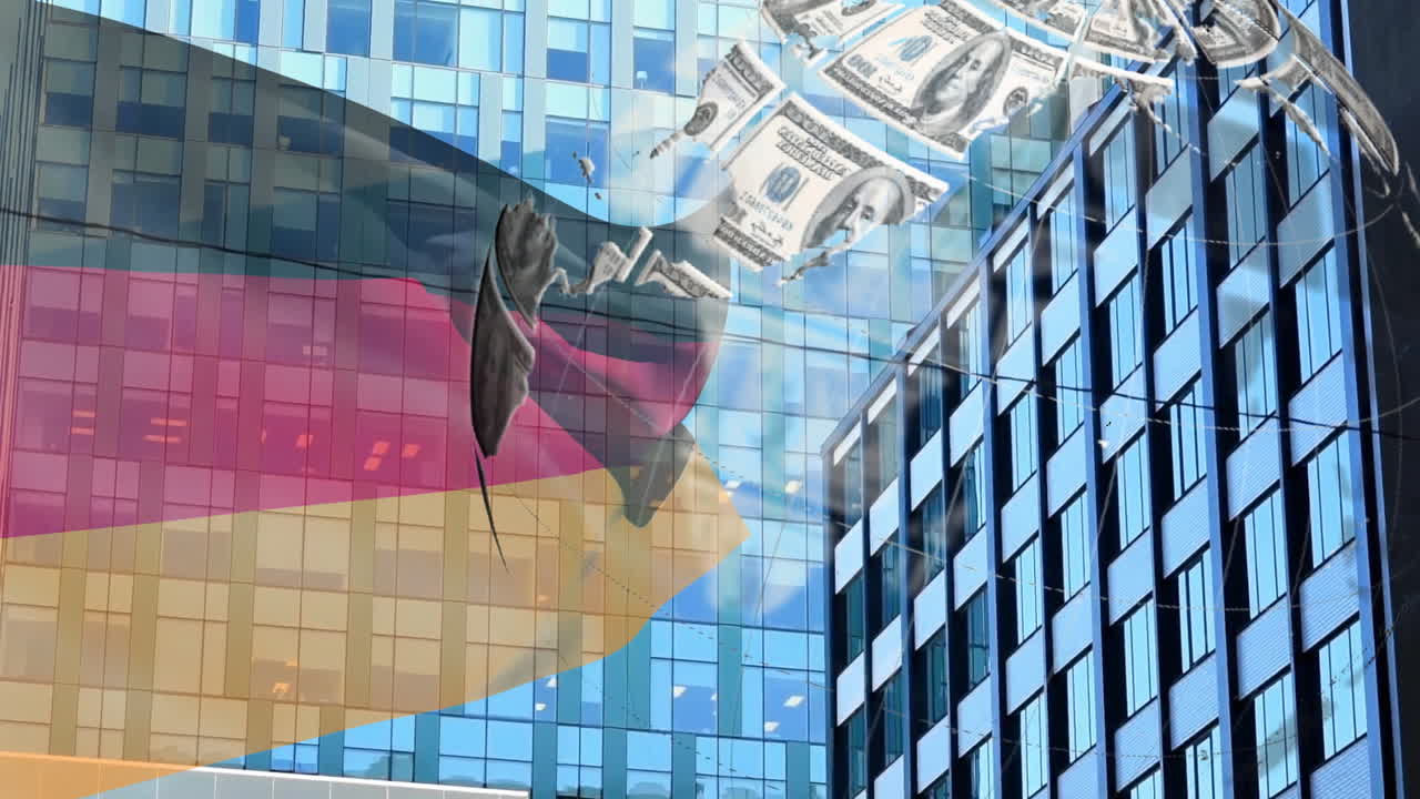 German flag and flying dollar bills animation over modern glass office buildings