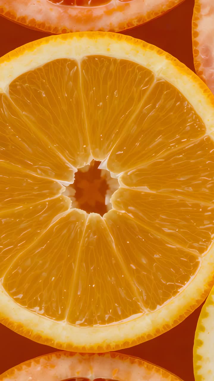 Vertical video: Shifting camera revealing central halved orange on warm backdrop with adjacent rims
